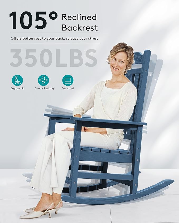 SERWALL Blue Outdoor Rocking Chair Set of 2, All Weather Patio Rocking Chair - Image 2