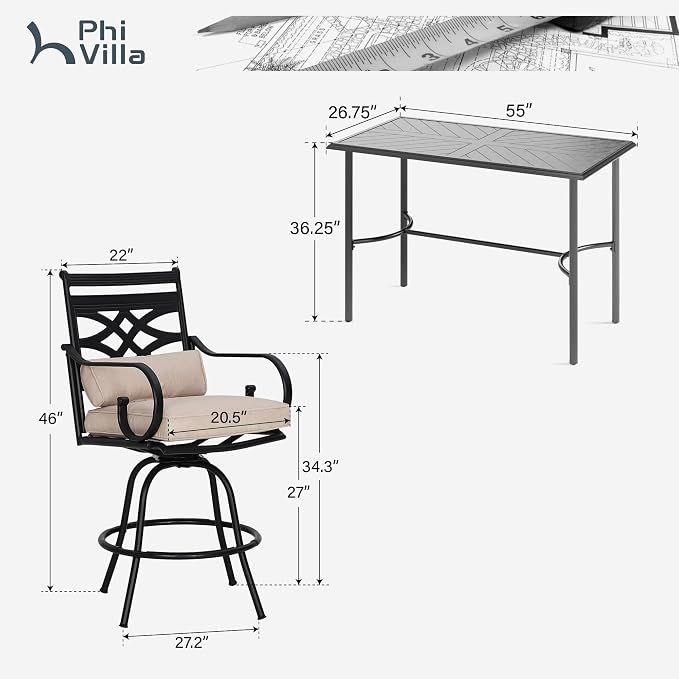 PHI VILLA 5 Piece Patio Bar Set, Outdoor Bar Table and Chairs Set, Strong and - Image 2