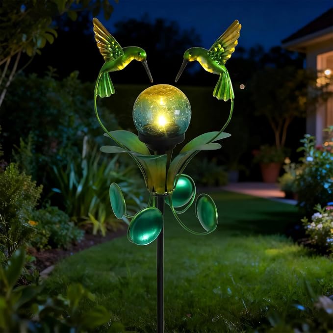 Solar Lights Outdoor Metal Garden Stake Waterproof Crackle Glass Globe Garden - Image 2