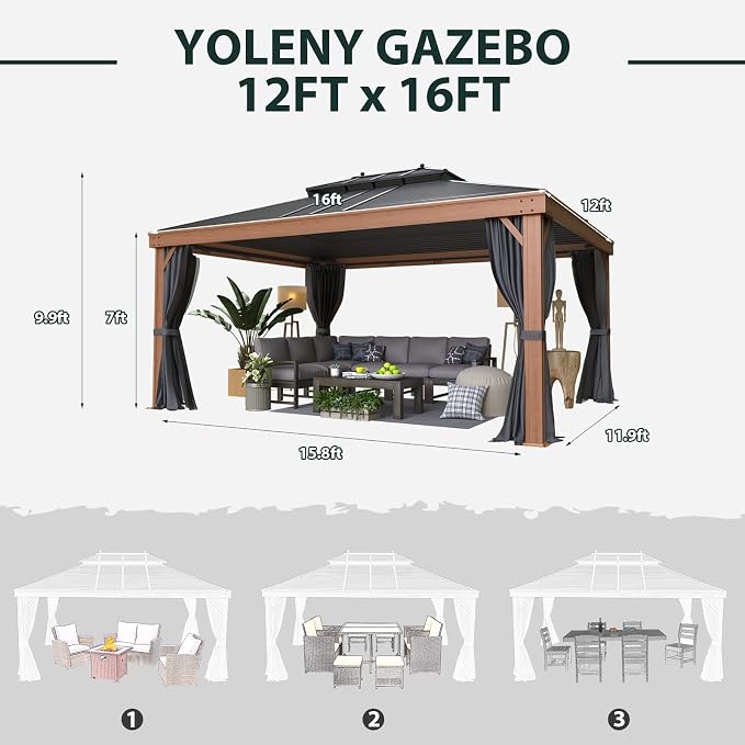 YOLENY 12'x16' Hardtop Gazebo, Galvanized Steel Double Roof - Image 3