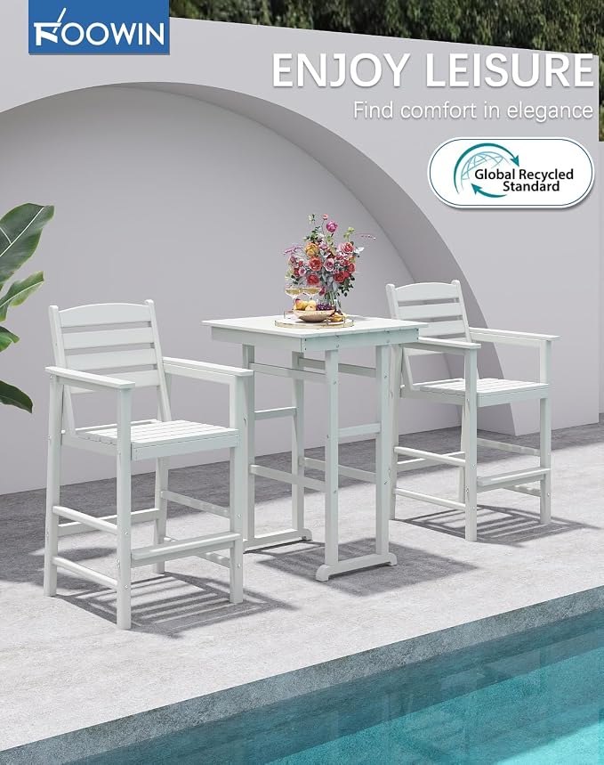 FOOWIN 3 Piece Outdoor Bar Height Table and Chairs, All Weather HDPE Patio Bar - Image 3