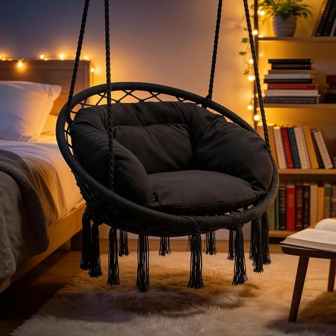 Monibloom Hanging Hammock Chair W/Large Padded Cushion, Macrame Swing Chair - Image 7