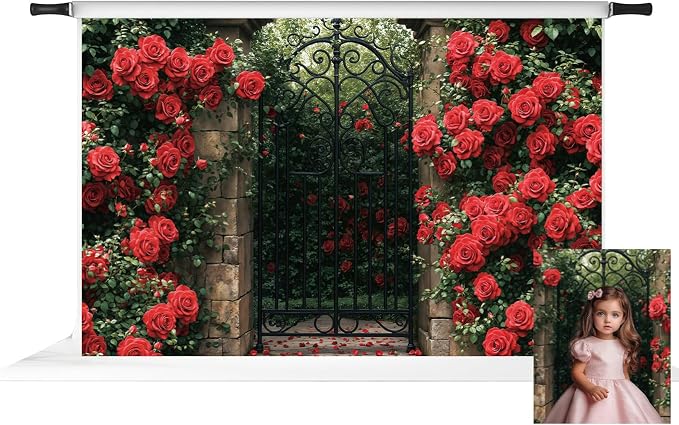 Kate Valentine's Day Gate Backdrop Valentine Red Roses Garden Background by KateBackdropforPhotography