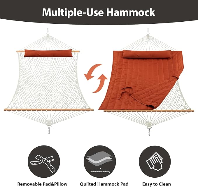 Outdoor Double Hammock with Hardwood Spreader Bars, Large Rope Hammock with - Image 3