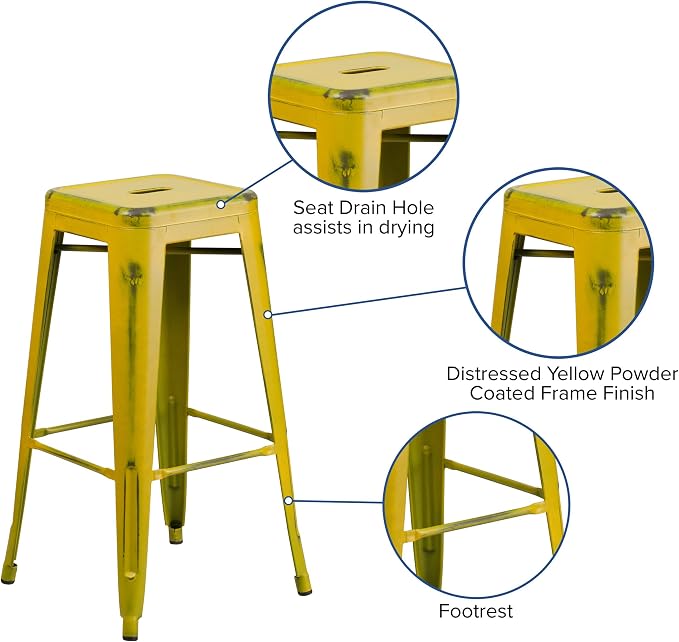 Flash Furniture Kai Commercial Grade 30" High Backless Distressed Yellow Metal - Image 5