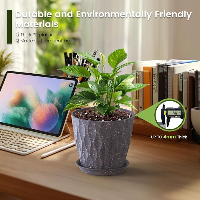 7 inch Plant Pots for Indoor Outdoor Plants, 5 Pack Thick Flower Pots - Image 4