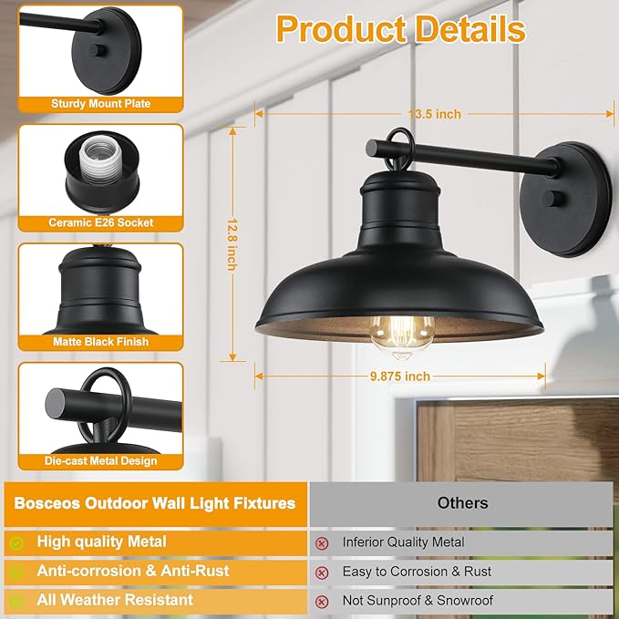 2-Pack Outdoor Wall Lights, Vintage Black Wall Sconces, Exterior Farmhouse Barn - Image 5