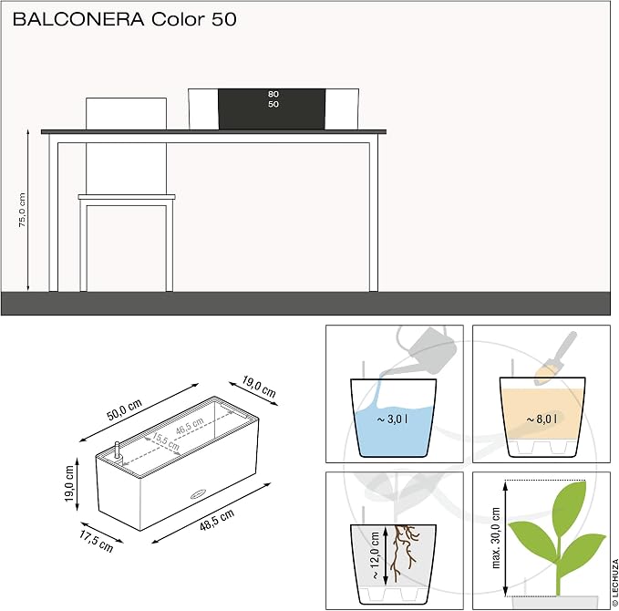 Lechuza BALCONERA Color 50 White, Self-Watering Window Box, H7.5 L19.7 W7.5 in - Image 4