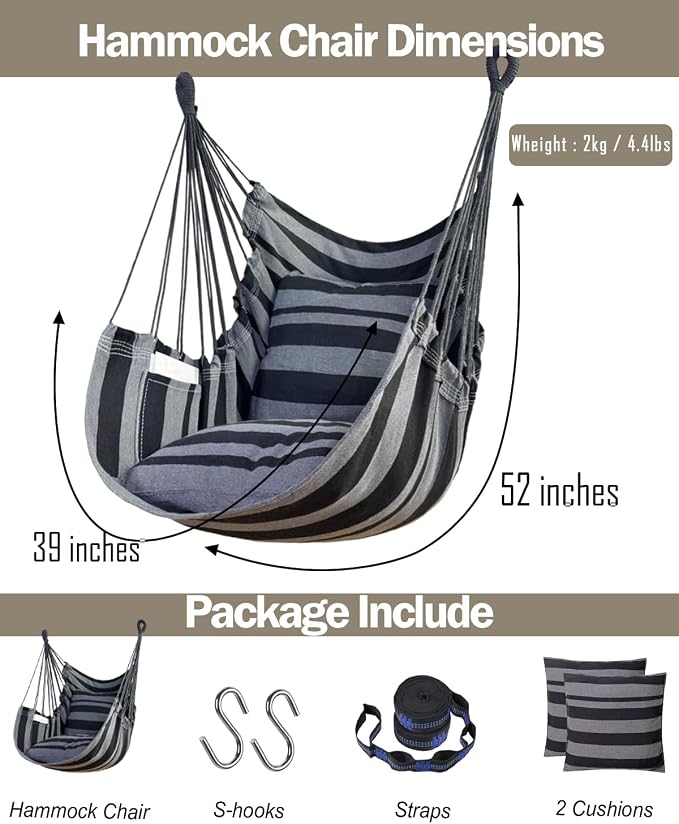 Halalona Hammock Chair Hanging Hammock Chair Rope Swing 2 Cushions - Image 6