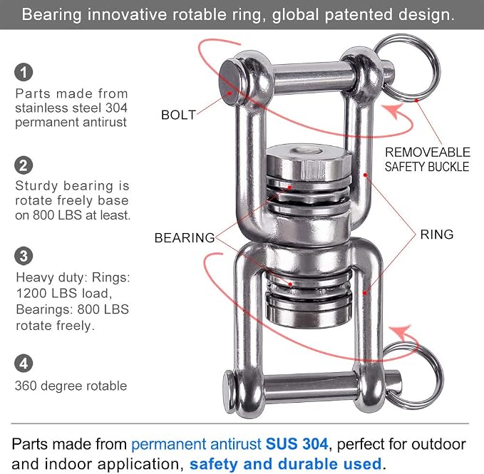 BeneLabel Dual Hanging Rings Hammock Swing Hanger, Swivel Stainless Steel - Image 2