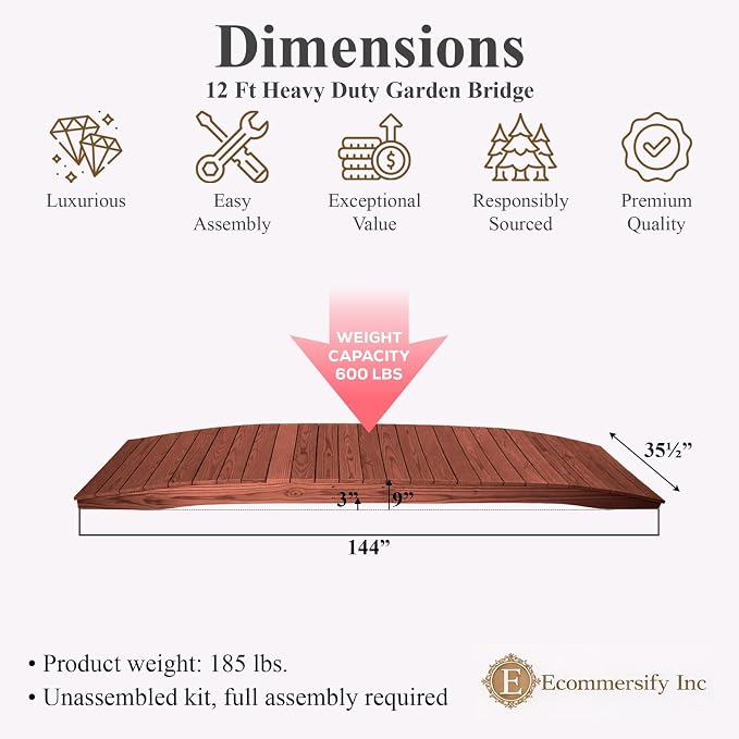 12 FT MAHOGANY Amish Made Pinewood Heavy Duty Garden Bridge - Image 2