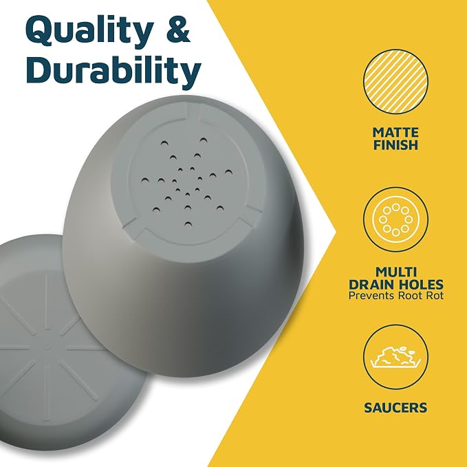 Gray Plant Pots with Drainage Holes & Saucers 3 Pack, Indoor & Outdoor - Image 7