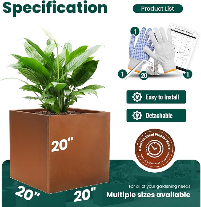 Corten Steel Planter Box Outdoor Planter Metal Square 20 Inch Large Steel - Image 2