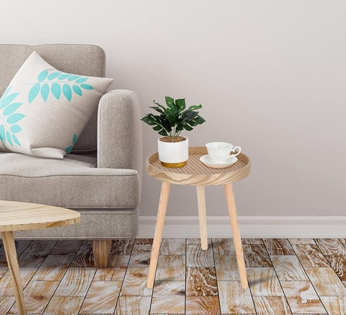 Small Side Table, Rattan Nightstand, Round End Boho Bedside Accent Mid-Century - Image 2