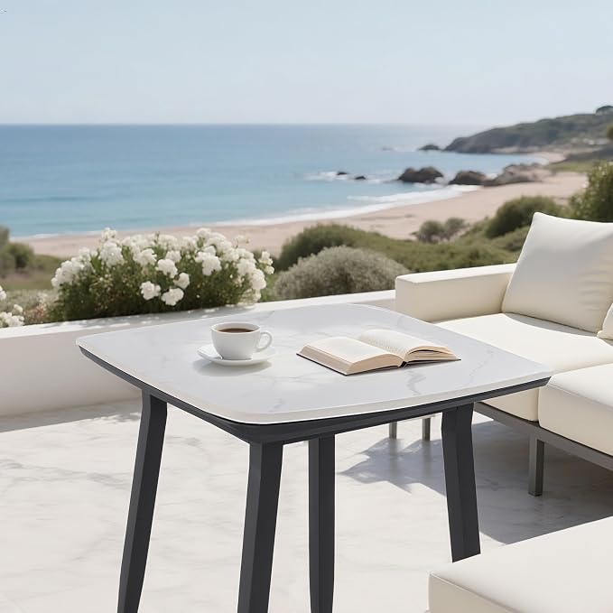 Modern 35.4'' Rounded Square Outdoor Bar Table, Greek White Marble-Inspired - Image 8