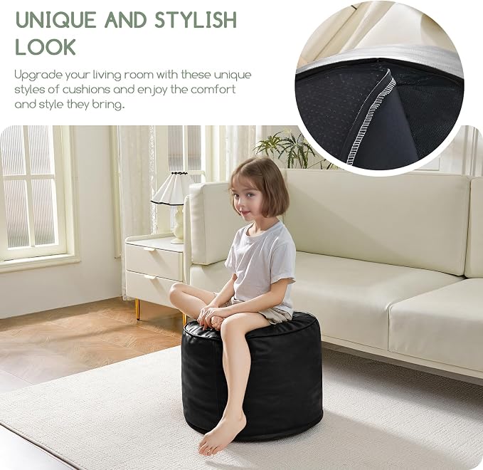 HIGOGOGO Round Stuffed Pouf Ottoman, Pu Leather Poufs - Image 8