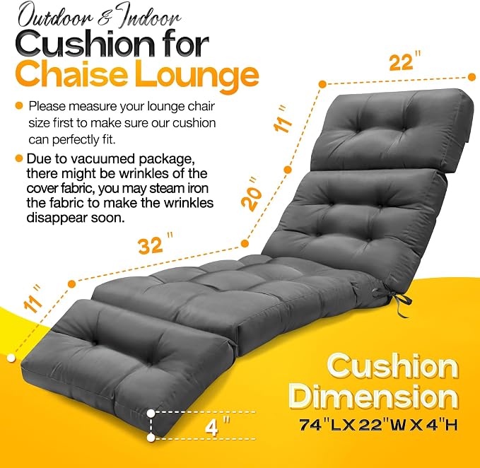 MAGIC ELEPHANT Chaise Lounge Cushion Outdoor, Memory Foam Patio Lounge Chair - Image 5