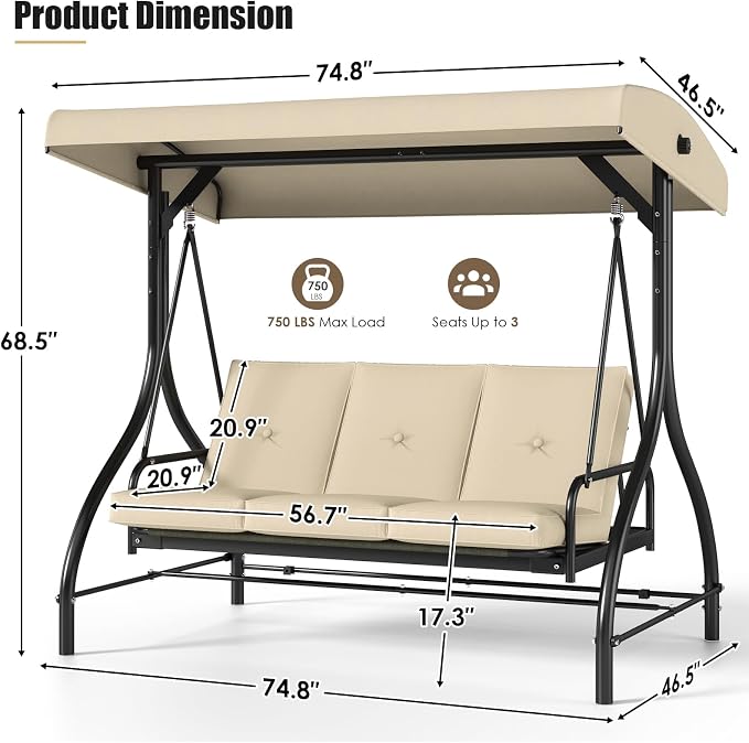MAMIZO 3-Seat Patio Swing with Adjustable Canopy & Backrest, Outdoor Porch - Image 2
