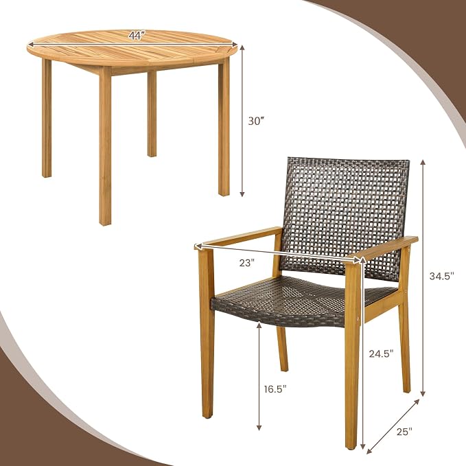 Tangkula 5 Pieces Patio Dining Set, 4 Patio Wicker Armchairs and Round Acacia - Image 4