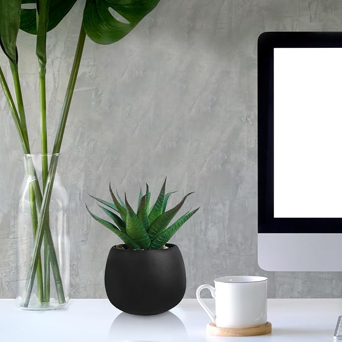 Winlyn Set of 3 Artificial Succulent Plants in Black Concrete Pots Faux Aloe - Image 9