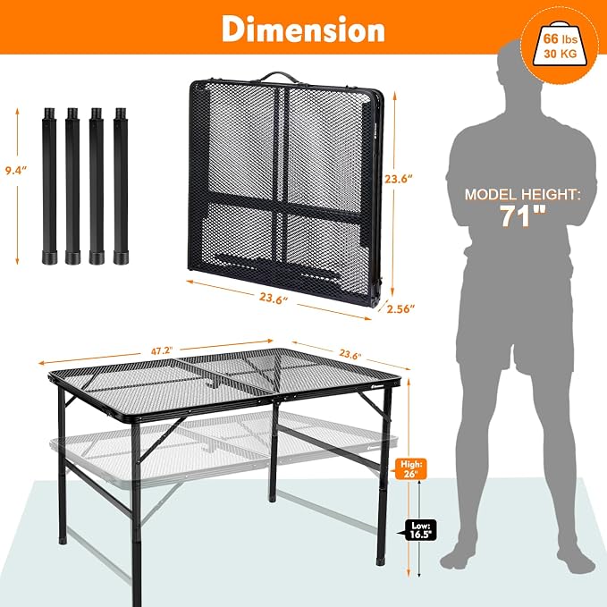 4 ft Folding Table with Metal Mesh Desktop, Grill Table Camping Table with - Image 3