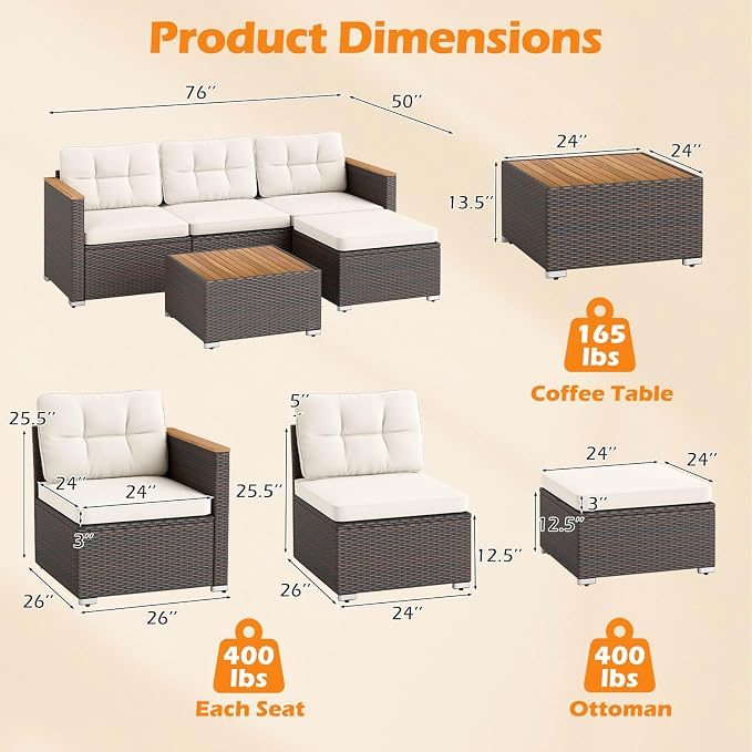 Tangkula 5 Pieces Outdoor Patio Furniture Set, L Shaped Rattan Cushioned Chairs - Image 9