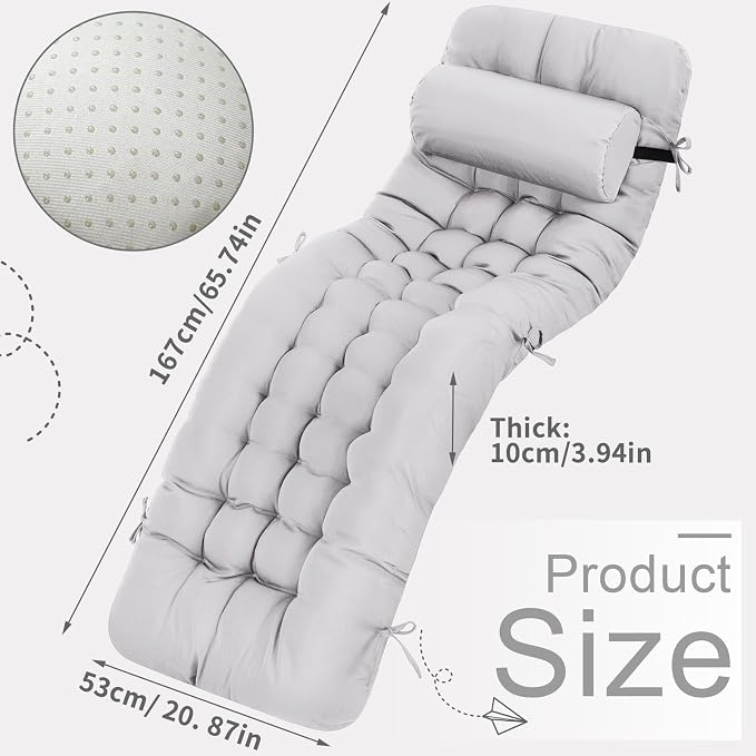 Tudomro 2 Pcs Light Gray 66'' Outdoor Chaise Lounge Cushion Waterproof Patio - Image 2
