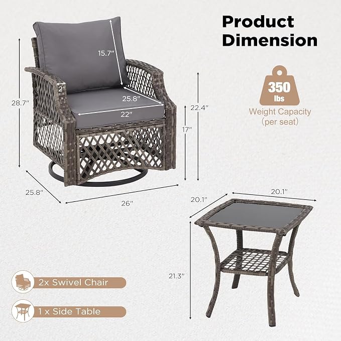 HOMREST 3 Piece Outdoor Swivel Chair Set, Wicker Patio Bistro Set - Image 2
