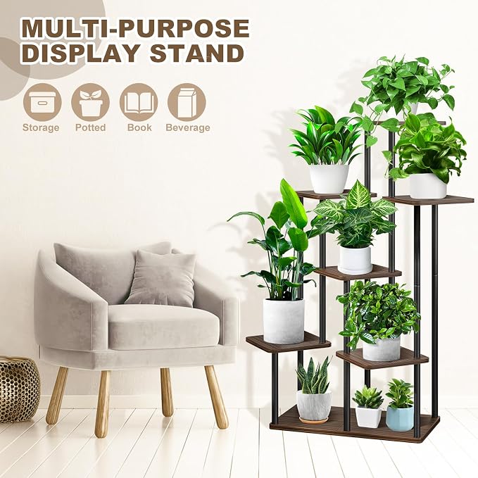 7 Tier Plant Stand Indoor, Thickened Metal Wood Corner Plant Shelf Stands - Image 4