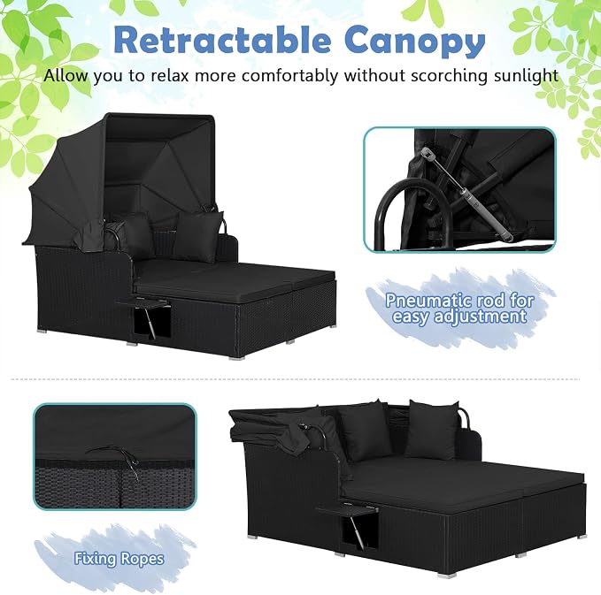 Moccha Outdoor Daybed with Retractable Canopy, Wicker Cabana with 2 Side Tables - Image 3
