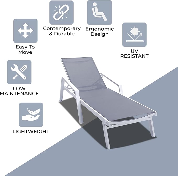 LeisureMod Marlin Patio Chaise Lounge Chair, Adjustable Outdoor White Aluminum - Image 5