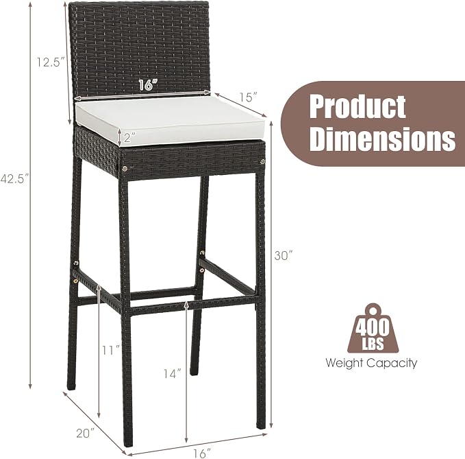 Tangkula Set of 4 Patio Wicker Barstools, Outdoor Bar Height Chair w/Soft Seat - Image 3