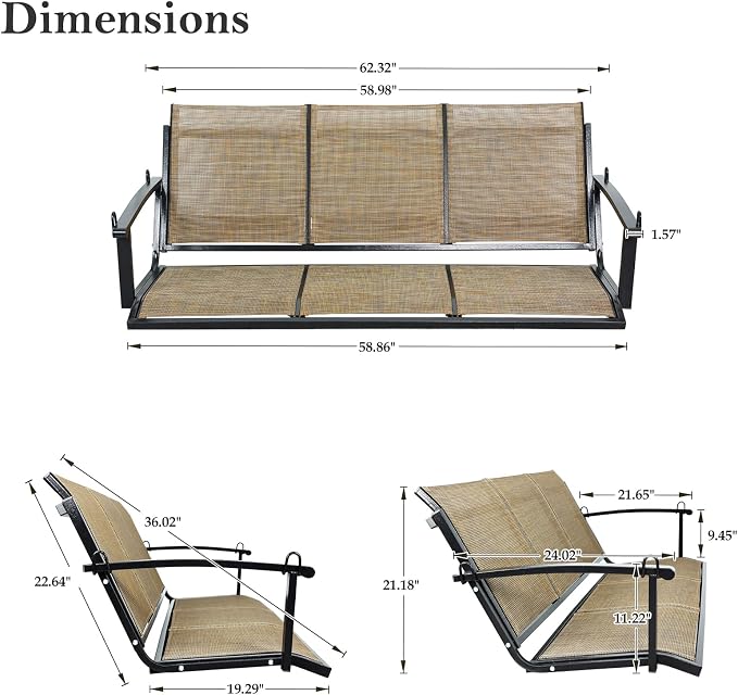 Textilene 3 Seat Hanging Swing, 5.2FT Patio Bench Swing, 660lbs Heavy Duty - Image 7