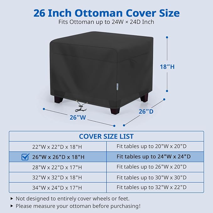 SunPatio Outdoor Ottoman Cover, Waterproof Square Coffee Table Cover, Patio - Image 2