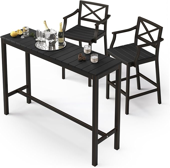 Outdoor Bar Height Table and Chairs Set, 3 Piece Black Top and Bronze Leg Patio by COZYMAN