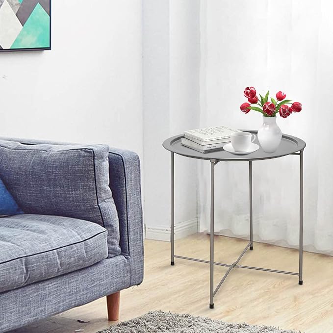 Garden 4 you End Table Metal Side Table Grey Round Folding Tray Cyan Sofa Small - Image 2