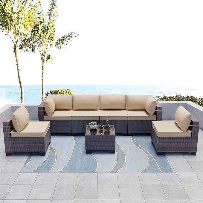 Kullavik 7 Pieces Outdoor Patio Furniture Set, Sectional Rattan Sofa Set Brown - Image 8
