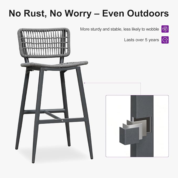 PURPLE LEAF Bar Stools Set of 4 Patio Wicker Bar Height Metal Chairs Boho High - Image 7