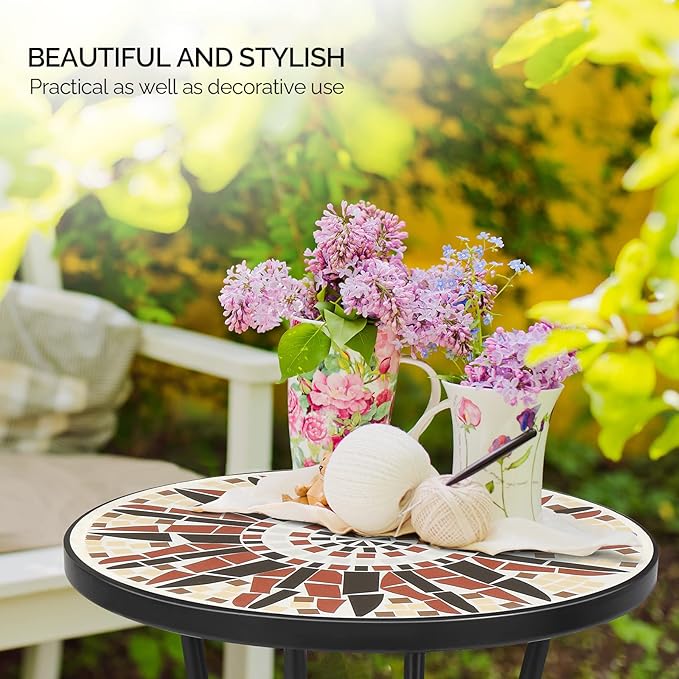 VINGLI Mosaic Outdoor Side Table, Accent Table, Ceramic Tile Top Black Iron - Image 4