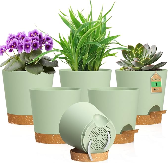 4 inch Self Watering Pots for Indoor Outdoor Plants, 6 Pack Plastic Flower by WSMKSZ
