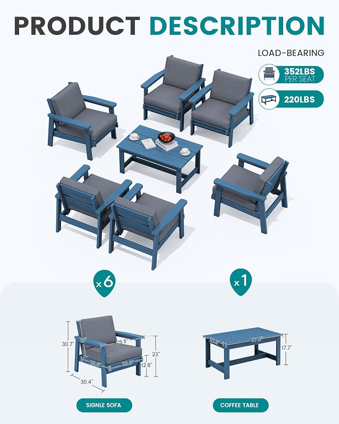 SERWALL HDPE Outdoor Furniture Set, 7 Piece All Weather Wood-Like Outdoor Sofa - Image 2