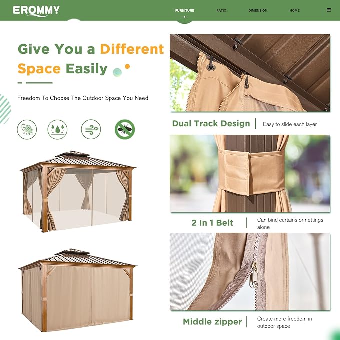EROMMY 12' x 12' Gazebo, Wooden Finish Coated Aluminum Frame Canopy - Image 7