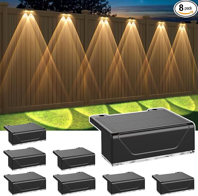 Derynome Solar Fence Outdoor Lights 8 Pack, 3 Color Modes IP45 Waterproof Solar by Derynome