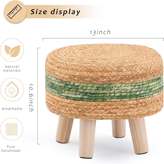 Handwoven Round Ottoman, Natural Water Hyacinth Outdoor Patio Pouf Seagrass Low - Image 3