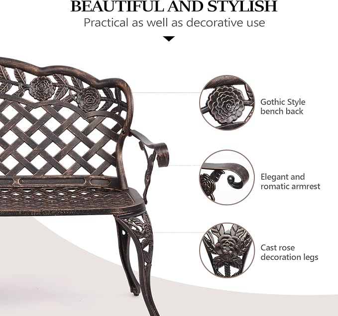 VINGLI 42.5" Patio Garden Bench Outdoor Metal Rose Loveseat, Cast Iron Cast - Image 4