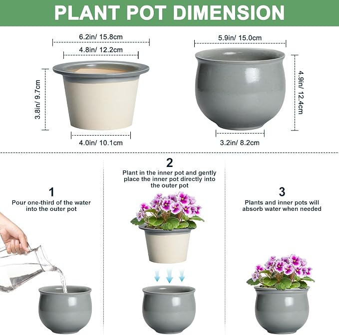 6 Inch Ceramic African Violet Pot, Easy Self Watering Pots - Image 2
