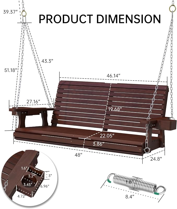 Wooden Outdoor Porch Swings, 2 Seater Front Porch Swing - Image 2