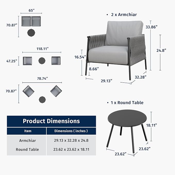East Oak 3-Piece Patio Furniture Set | Armchairs & Coffee Table | Outdoor - Image 9