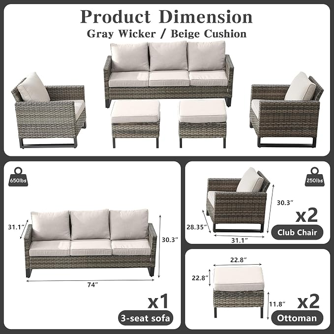 Belord Wicker Patio Furniture 5 Piece Outdoor Sofa Set, Oversize Outdoor Dining - Image 2