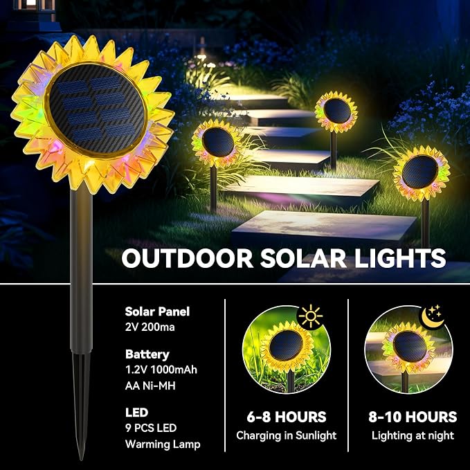 Outdoor Solar Lights, 4 Pack Upgraded Solar Sunflower Lights, Ground/Wall - Image 4
